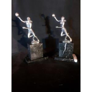 Pair Of Sculptures, Basketball, Handball. Bookends. 
