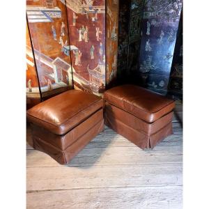 Pair Of Vintage Leather Poufs. 
