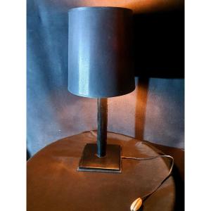 Vintage Saddle-stitched Leather Lamp In The Style Of Jacques Adnet. 