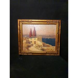 French Riviera Landscape Painting, Art Deco. 