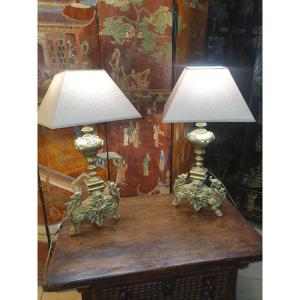 Pair Of Gilt Bronze Lamps With Coats Of Arms.