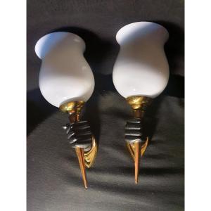 Pair Of Bronze Wall Lights, Torchiere Hands.