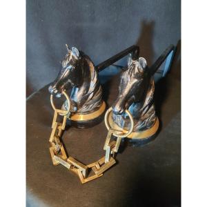 Pair Of Horse-head Andirons In The Jacques Adnet Style.