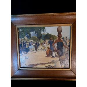 Orientalist Art Deco Painting Of An African Market. 