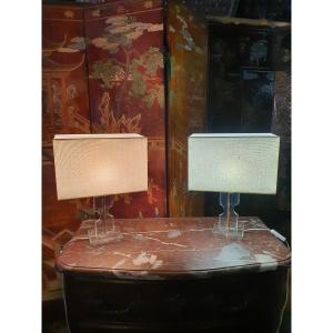 Pair Of Vintage Lucite Lamps In The Style Of David Lange.