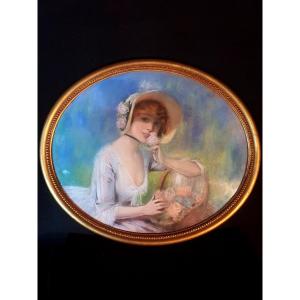 Oval Painting Of A Young Woman With Flowers.