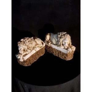 Pair Of Marble Lions.