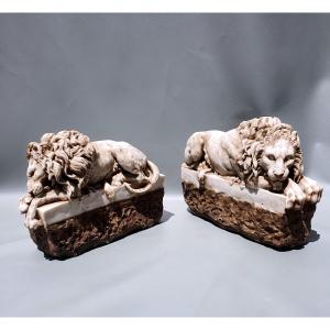 Pair Of Marble Lions.