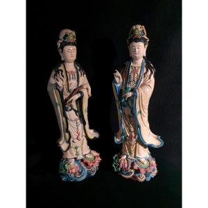 Pair Of Guanyin Sculptures, China.