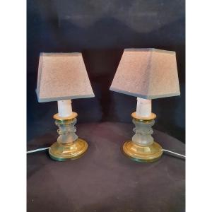 Pair Of Art Deco Lamps, Bronze And Pâte De Verre.