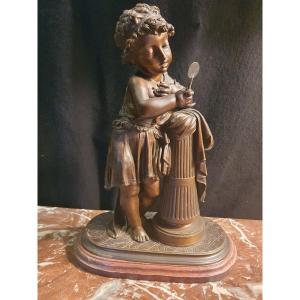 Bronze Sculpture, Child Au Miroir, By Jl Grégoire.