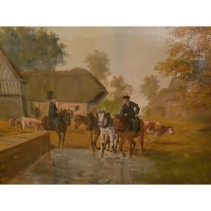 Oil On Canvas Representing Horses Going To The Footbath By Robert Fremont.