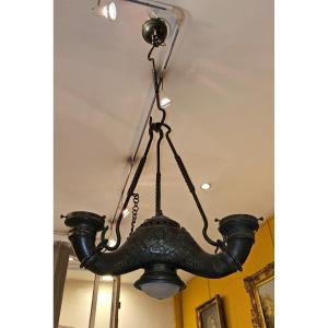 Antique Chandelier In Patinated Bronze With Three Arms Of Lights. 
