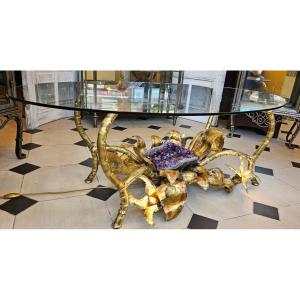 Brass And Amethyst Coffee Table - Circa 1970.