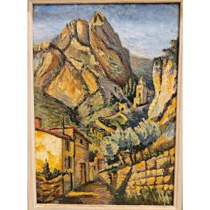 Oil On Cardboard. Mountain Village In A Mediterranean Landscape.