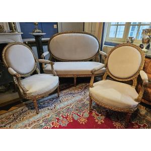 Louis XVI Style Carved And Gilded Wooden Living Room From The Napoleon III Period.