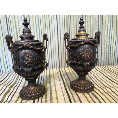 Pair Of Bronze Cassolettes In Barbedienne Style.