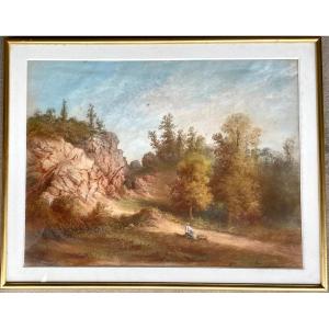 19th Century Pastel Landscape, Monogrammed