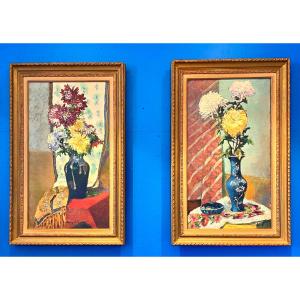 Pair Of Paintings, Still Lifes With Chrysanthemums, Circa 1920, Signed