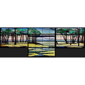 Panoramic Of Three Stained Glass Panels Signed Damon Paris