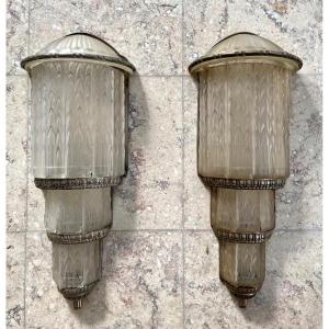 Large Pair Of Art Deco Glass And Bronze Wall Lights