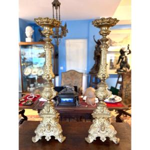 Pair Of Large Bronze Candlesticks