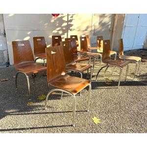 Twelve Thermoformed And Chromed Wooden Chairs