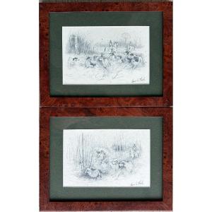 Pair Of Drawings, Fox Hunting, Hervé Le Mesle