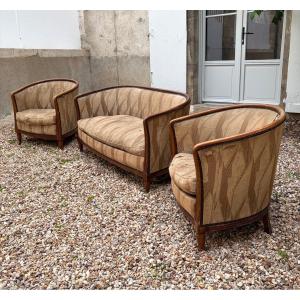 Art Deco Living Room Set: Sofa And Pair Of Armchairs In Need Of Reupholstering