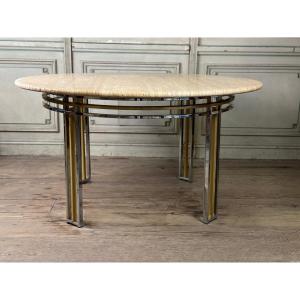 Dining Table In Chromed And Gold Matt Metal, Travertine Top Circa 1980
