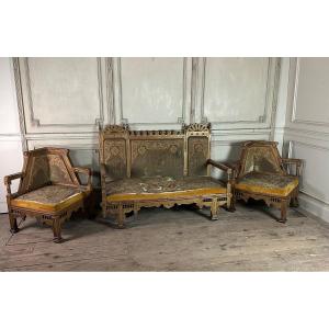 Orientalist Pair Of Corner Armchairs And An Bench In Carved And Polychromed Wood Circa 1900