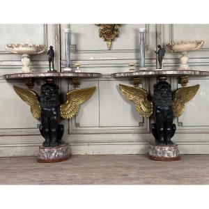Pair Of Consoles In Marble And Bronze Italy Circa 1930