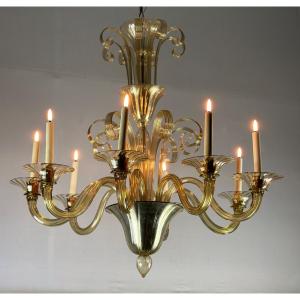 Venetian Chandelier In Golden Murano Glass, 8 Arms Of Light Circa 1940