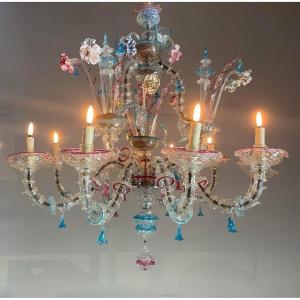 Rezzonico Venetian Chandelier In Multicolored Murano Glass Circa 1920