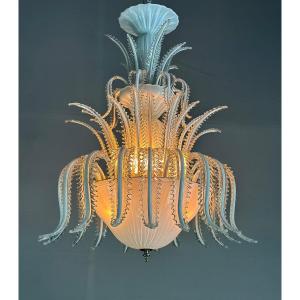 Venetian Chandelier In White And Golden Murano Glass, Circa 1980