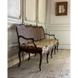 Large Louis XV Bench In Molded And Carved Natural Wood France Eighteenth Century