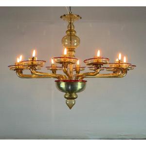 Venetian Chandelier In Golden Murano Glass Mordoré And Red, Venini Circa 1940