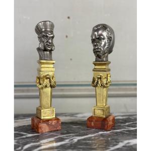 Pair Of Abyssinian Busts In Nickel On Columns In Gilt Bronze And Marble, XIXth Century