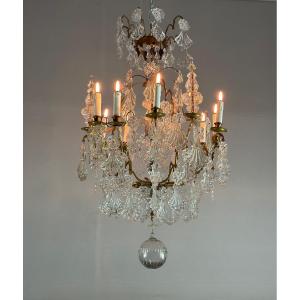 Bronze Cage Chandelier Garnished With Molded Glass Pendants In The Shape Of Peacock Feathers Circa 1800