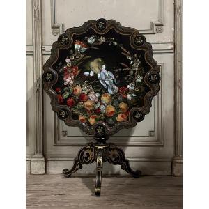 Napoleon III Pedestal Table, Tilting Top In Blackened Wood,  Decor Of Flowers And Birds