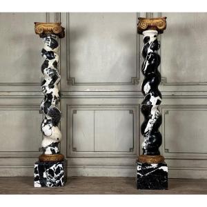 Pair Of Twisted Columns In Large Antique Marble, 19th Century