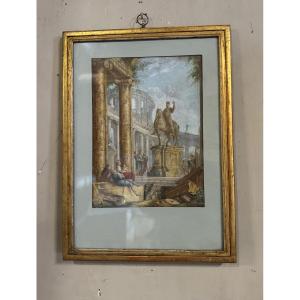 Watercolor On Verger Paper, Animated Ruins With Equestrian Statue, 18th Century