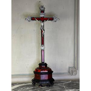 Christ On The Cross, Crucifix In Wood And Red Tortoiseshell,  Silver, Antwerp 17th Century