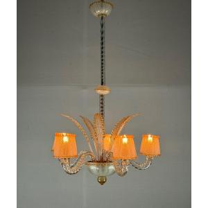 Venetian Chandelier In Colorless And Golden Murano Glass Circa 1950