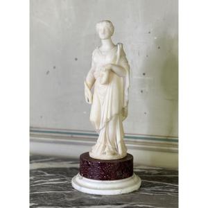 Alabaster Sculpture, Lady With Mask In The Taste Of Antique, 19th Century