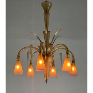 Venetian Chandelier In Beige/gray Murano Glass Bordered With A Red Line, Venini Circa 1950