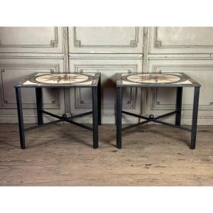 Pair Of Marble And Metal Tables, Compass Rose In Marble Marquetry, Circa 1990 