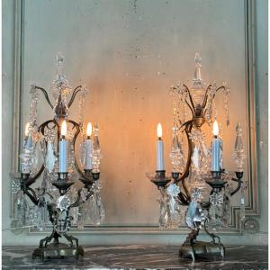 Pair Of Girandoles In Bronze And Cut Crystal Circa 1900