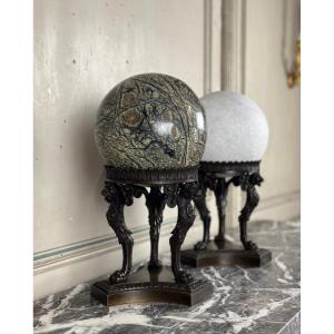 Pair Of Marble Spheres On Bronze Tripods, 19th Century