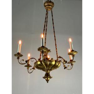 Chandelier In Golden Wood And Brass, Central Europe Circa 1900 
